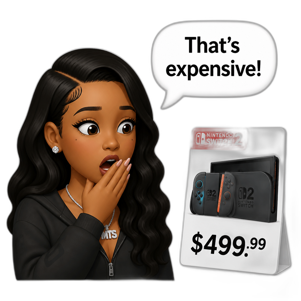Mariah The Scientist saying "That's expensive!" when she sees the price of a Switch 2 - AI generated emoji