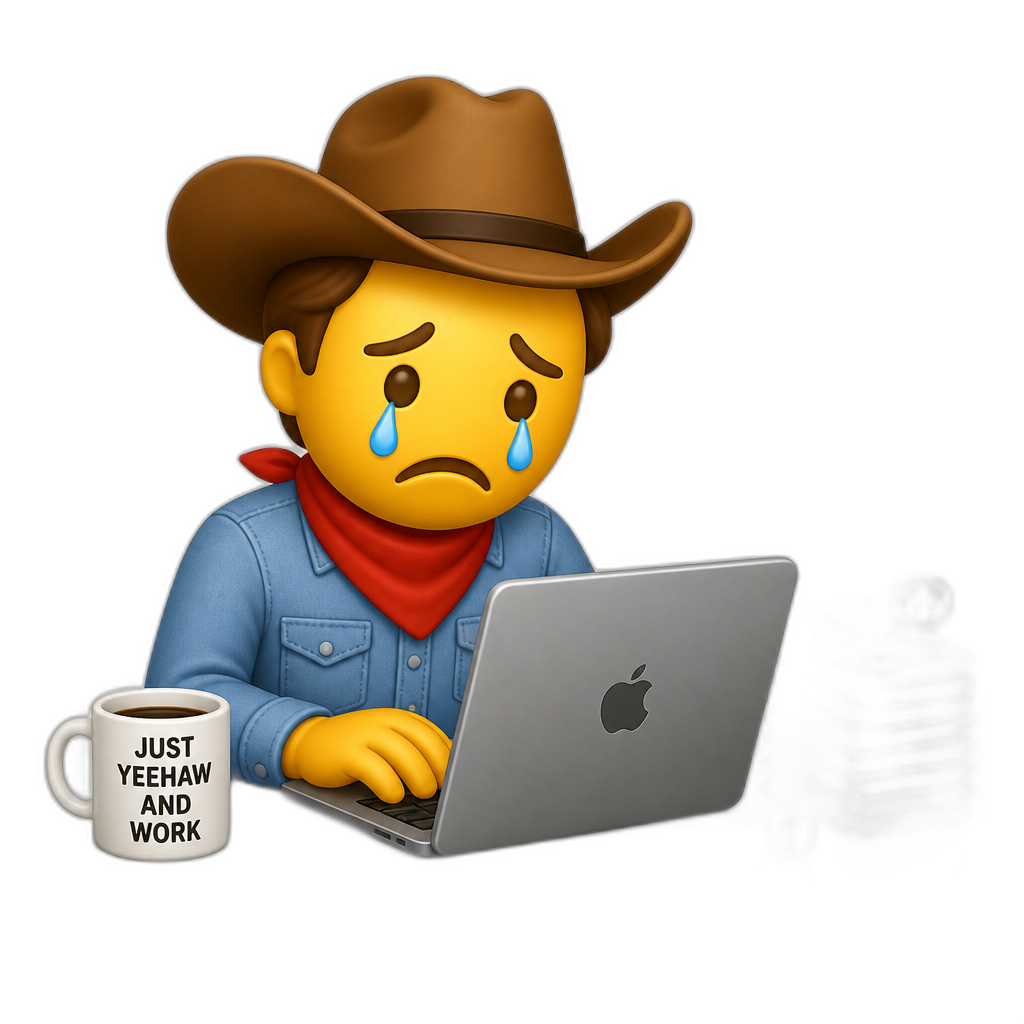 Sad cowboy crying while answering emails for his job - AI generated emoji