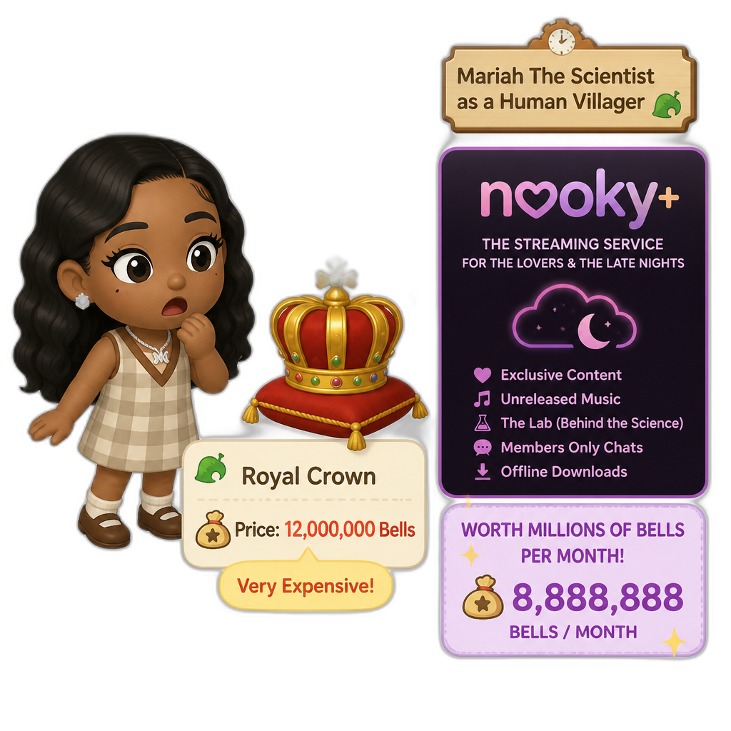 Mariah The Scientist as a Human Villager, Animal Crossing, finding an expensive item worth millions of Bells, saying "That's expensive, bruh!", Nooky+ streaming service worth millions of Bells per month - AI generated emoji