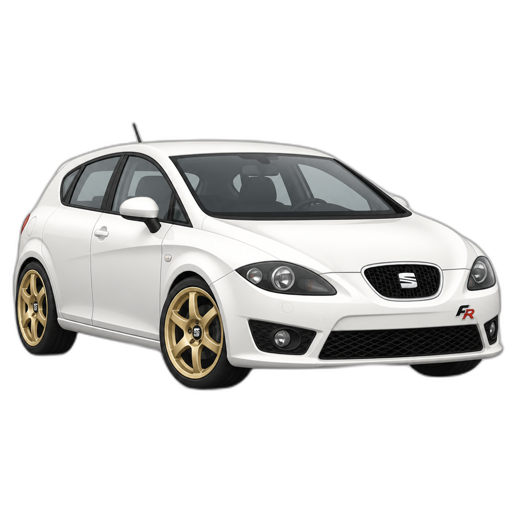 Candy white 2009 seat Leon fr with gold 6 spoke diamond cut rims and a small red and black fr sticker in the front bumper on the right - AI generated emoji