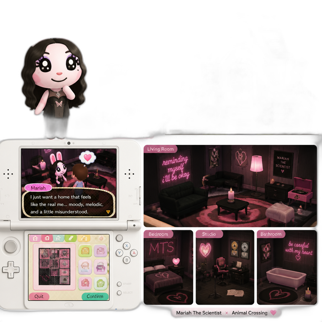Mariah The Scientist as an Uchi Rabbit Villager in Animal Crossing: Happy Home Designer for the 3DS, showcasing her house, Mariah The Scientist themed aesthetics, 3DS gameplay footage, exterior and interior - AI generated emoji