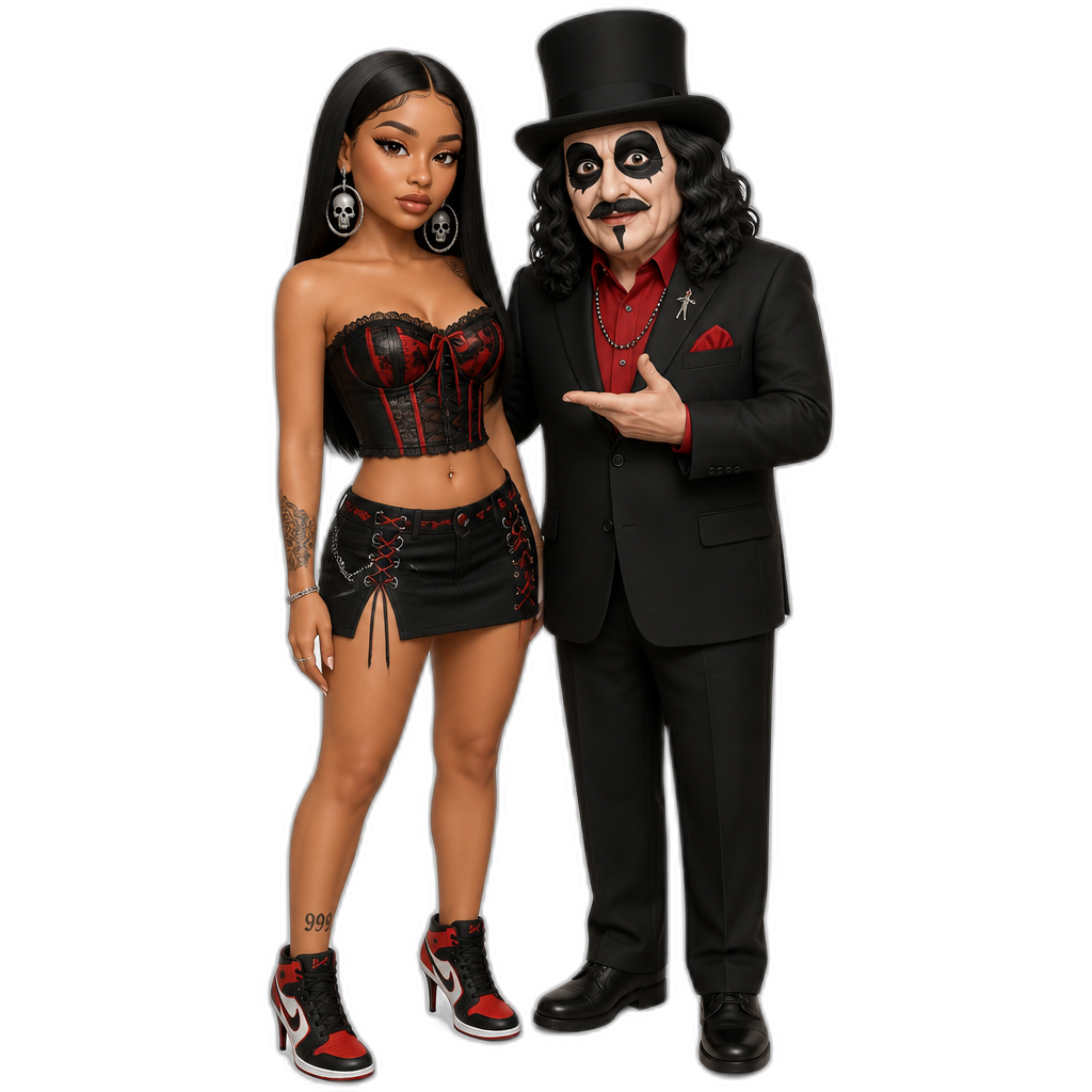 Mariah The Scientist with Svengoolie, photorealistic, Mariah with long straight hair, black and red strapless corset crop top, skirt, stiletto sneakers, skull hoop earrings, with Gwengoolie - AI generated emoji