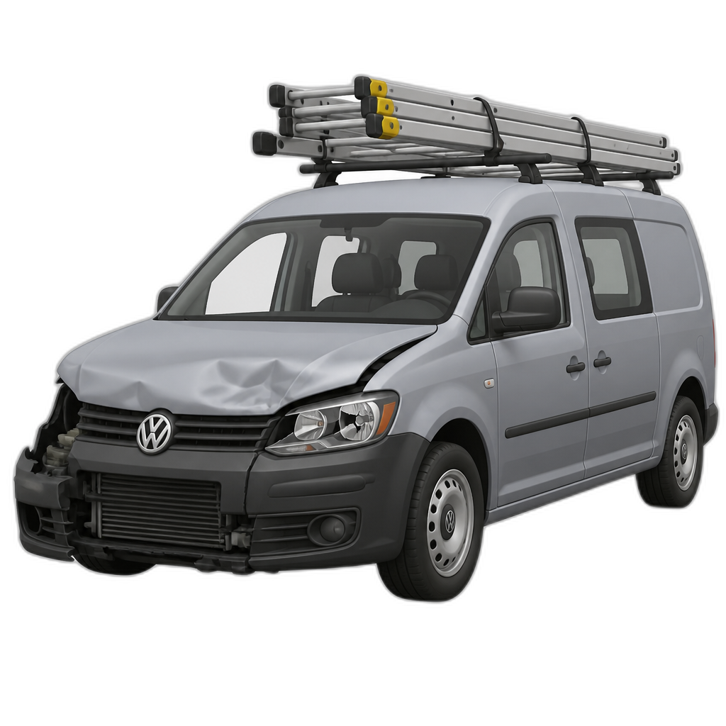 2008 grey vw caddy maxi ladders on the roof rack and left front end smashed in with passenger side broken light and left side of the front bumper missing - AI generated emoji