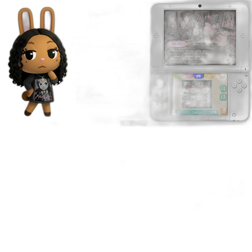 Mariah The Scientist as an Uchi Rabbit Villager in Animal Crossing: Happy Home Designer for the 3DS, showcasing her house, Mariah The Scientist themed aesthetics, 3DS gameplay footage, exterior and interior, anime theme - AI generated emoji