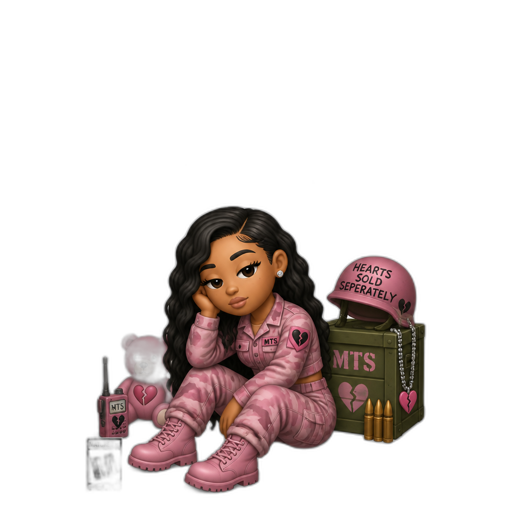 Mariah The Scientist Hearts Sold Seperately video game, military themed, pink outfit, any colored outfit - AI generated emoji