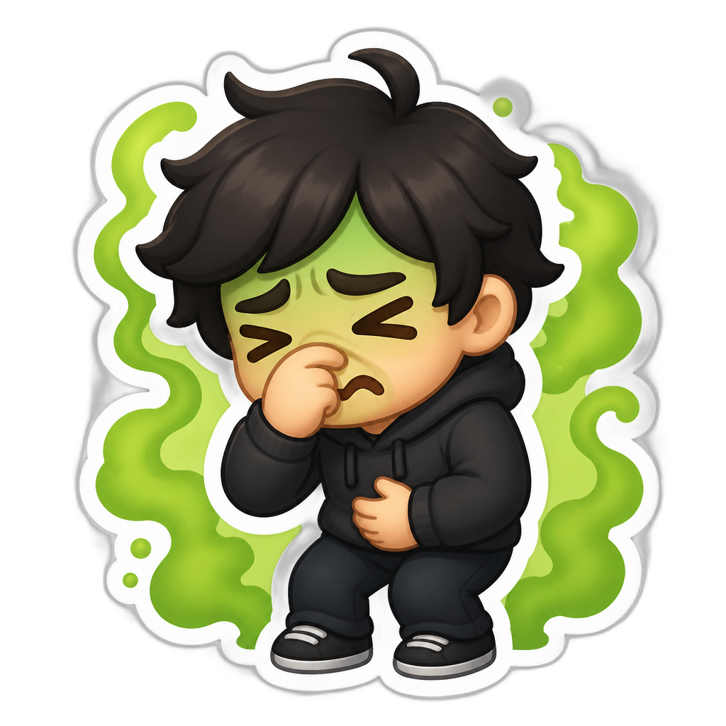 A chibi character looking disgusted and nauseous, holding their nose, green toxic aura around them, Discord emoji style, thick white outline, transparent background. - AI generated emoji