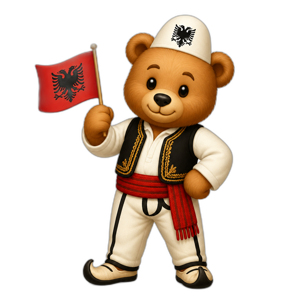 Create a any posing Teddy bear who is a stereotypical Albanian. any fur color - AI generated emoji