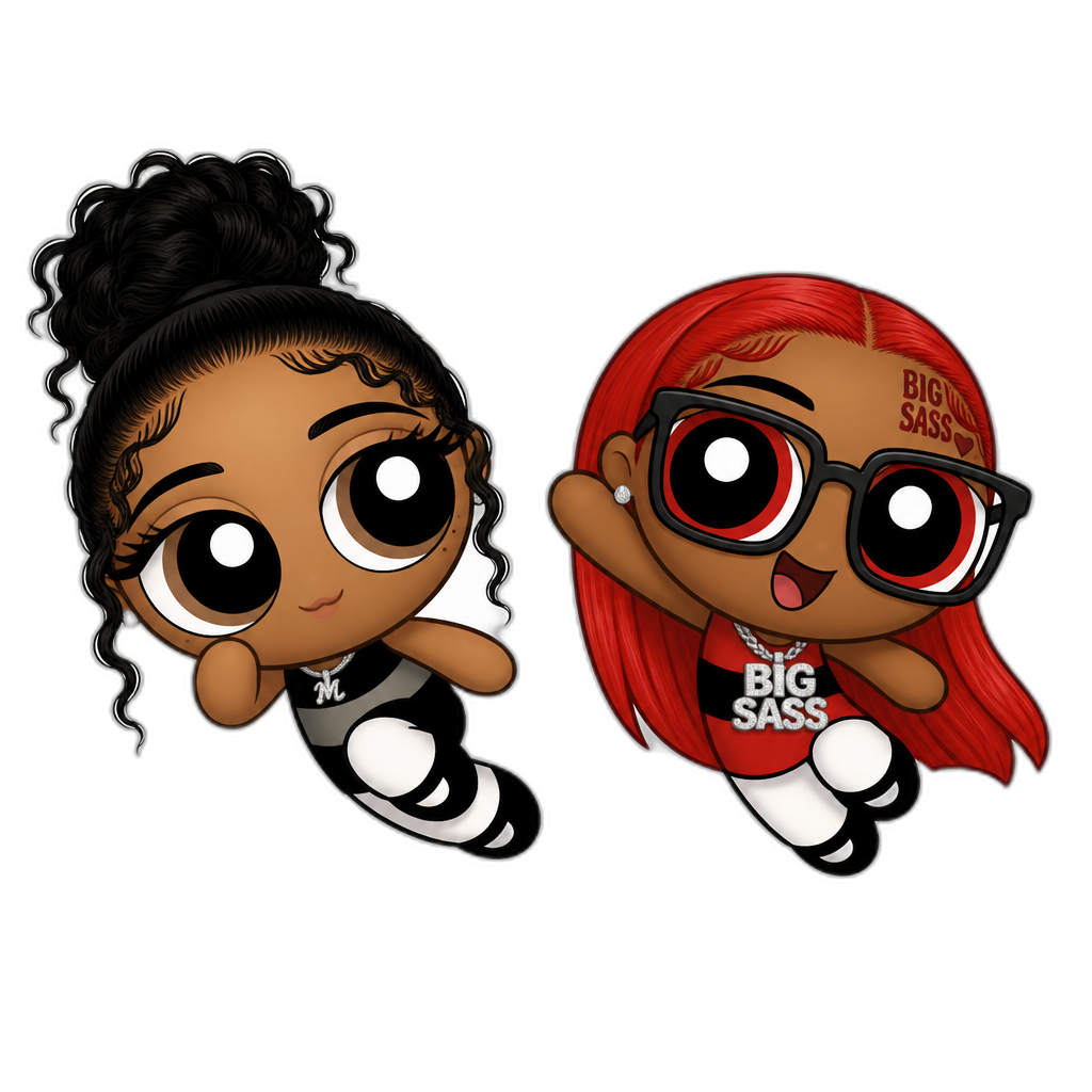 Mariah The Scientist and Sassyy Red (black female rapper, red hair, glasses) as Powerpuff Girls - AI generated emoji