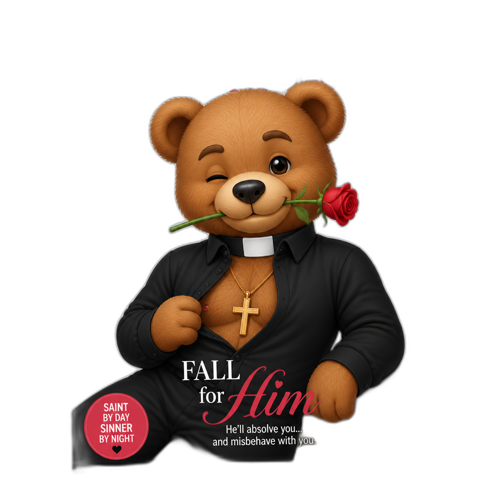 Create a Teddy bear who is a flirty misbehaving love-expression Priest on the magazine. any fur color - AI generated emoji