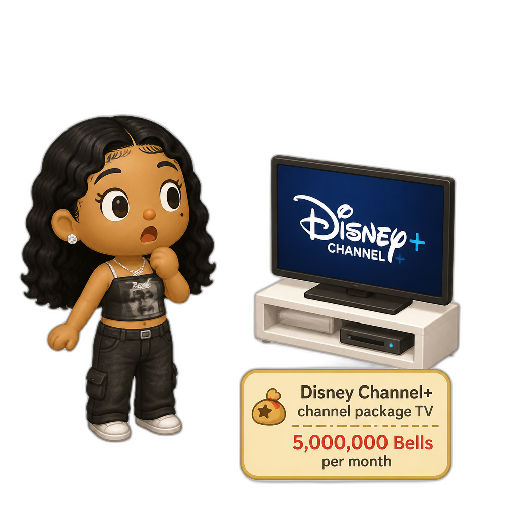 Mariah The Scientist as a Human Villager, Animal Crossing, finding an expensive item worth millions of Bells, saying "That's expensive, bruh!", Disney Channel+ channel package TV item (worth millions of Bells per month) - AI generated emoji