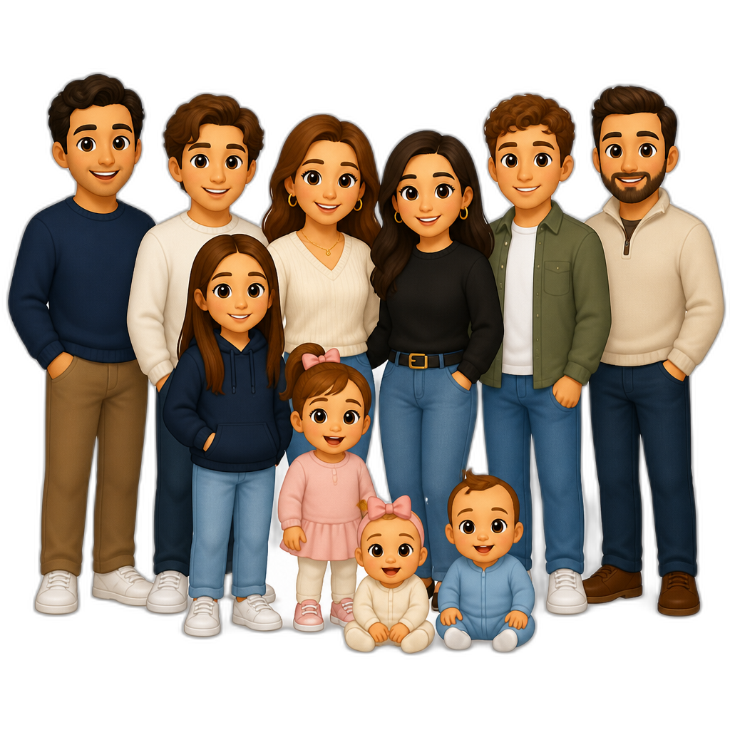 family of 2 babys (one girl one boy) 1 girl toddler 1 girl teenager 3 women and 4 men - AI generated emoji