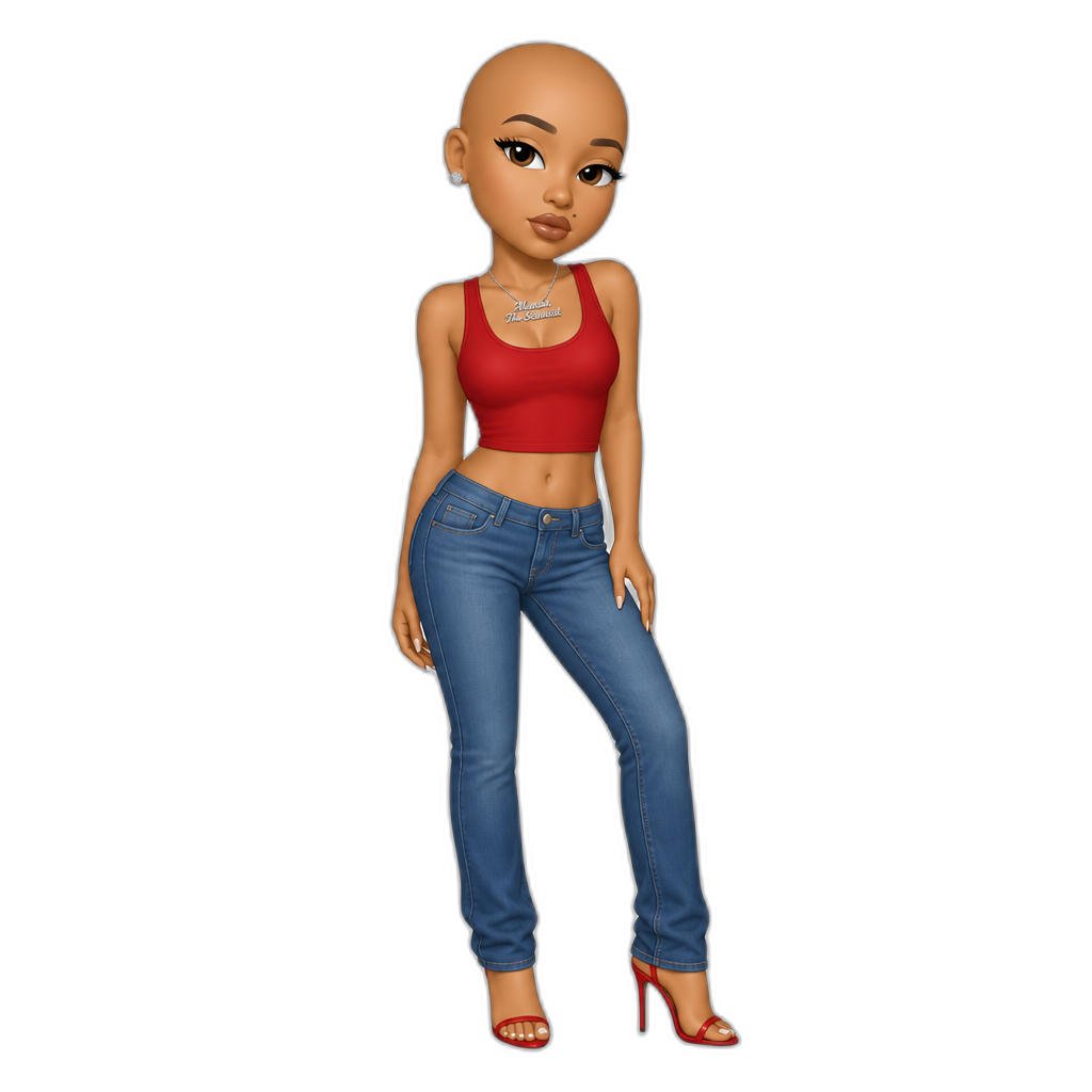 Mariah The Scientist but bald, red crop top, blue jeans, stilettos - AI generated emoji