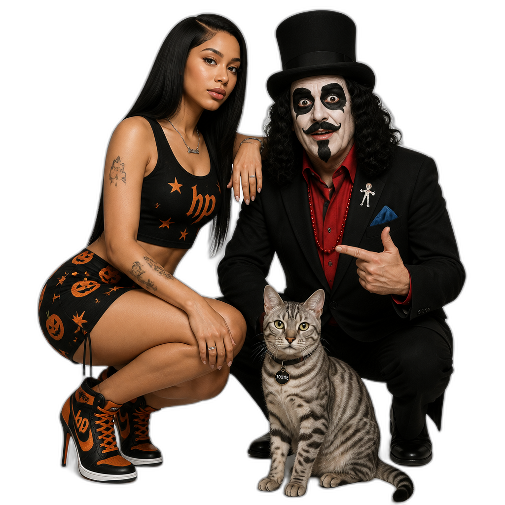 Mariah The Scientist with Gwengoolie, photorealistic, Mariah with long straight hair, hpHalloween themed clothes, sleeveless crop top, skirt, stiletto sneakers, with her grey male Bengal cat Tootie - AI generated emoji
