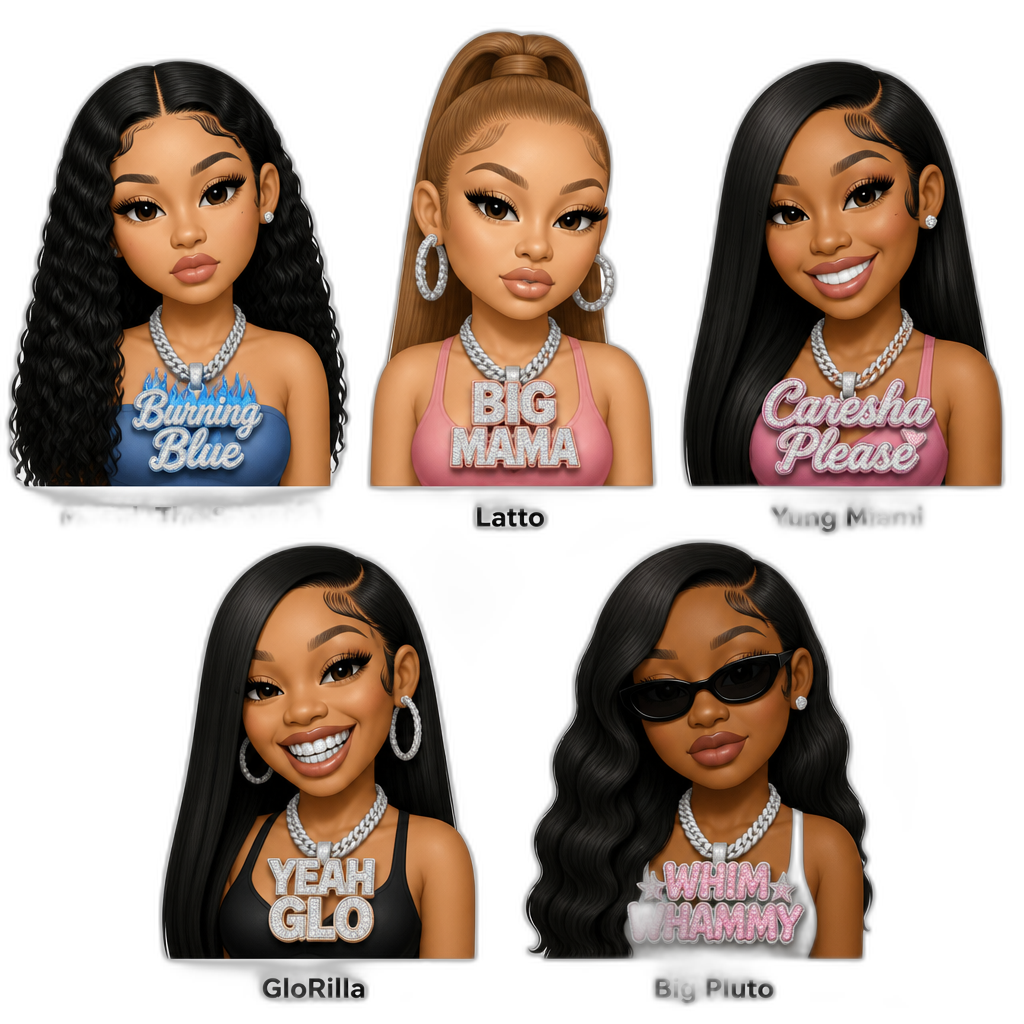 Mariah The Scientist in a Burning Blue necklace, Latto in a Big Mama necklace, Yung Miami in a Caresha Please necklace, GloRilla in a Yeah Glo necklace, Big Pluto (female rapper) in a Whim Whammy necklace - AI generated emoji