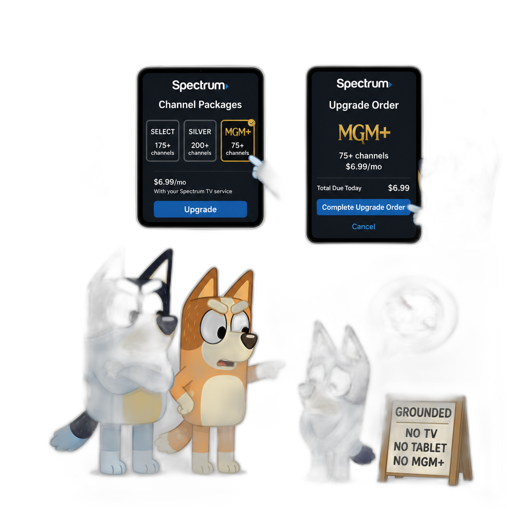 Bluey curiously upgrading to the MGM+ channel package via Spectrum Cable by selecting 'Complete Upgrade Order', and her parents grounding her - AI generated emoji