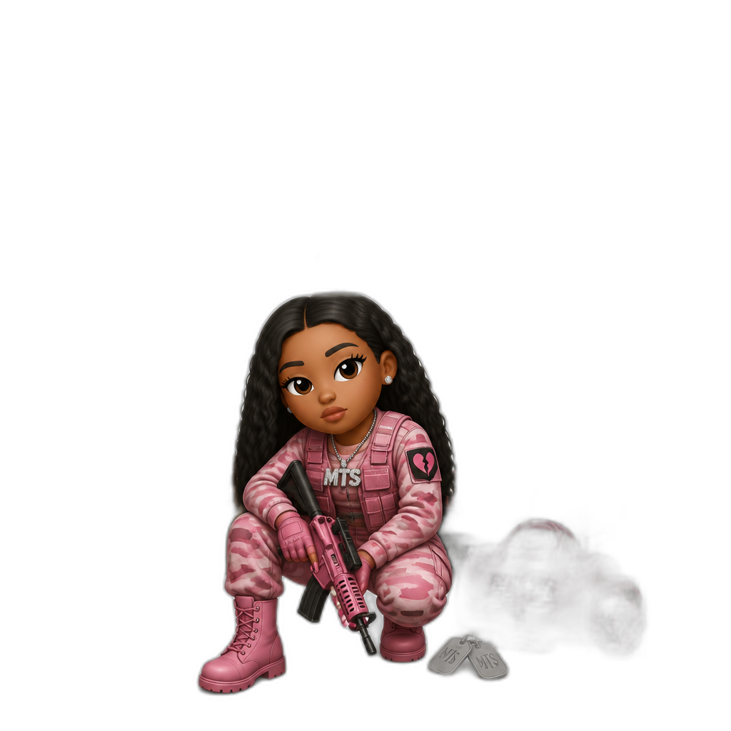 Mariah The Scientist Hearts Sold Seperately video game, military themed, pink outfit, any colored outfit, Rated T For Teen - AI generated emoji