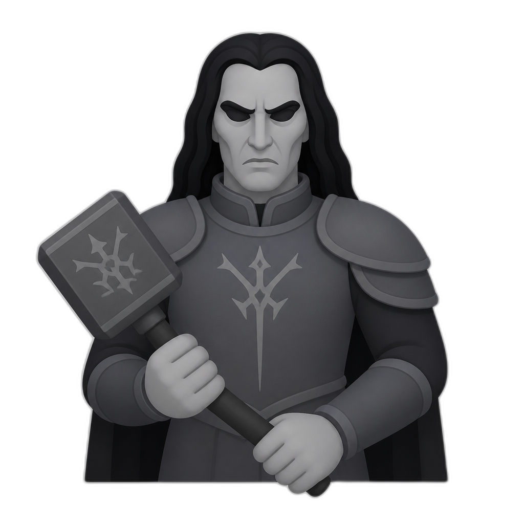Morgoth waist-up in grey armor, no spikes, hammer in hands, flat thick minimal style - AI generated emoji