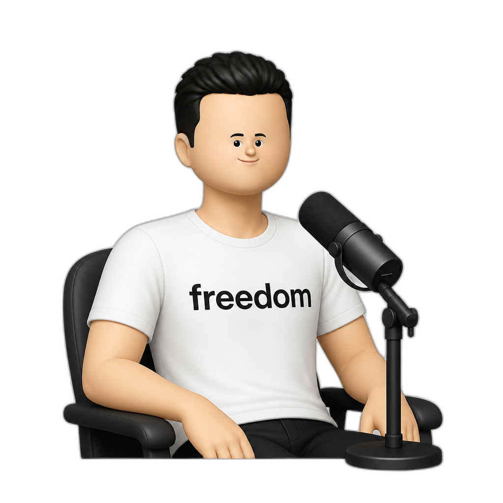 a white man with a porortionally small face and black short hair wearing a white t shirt with freedom written on it sitting on a chair with a microphone - AI generated emoji
