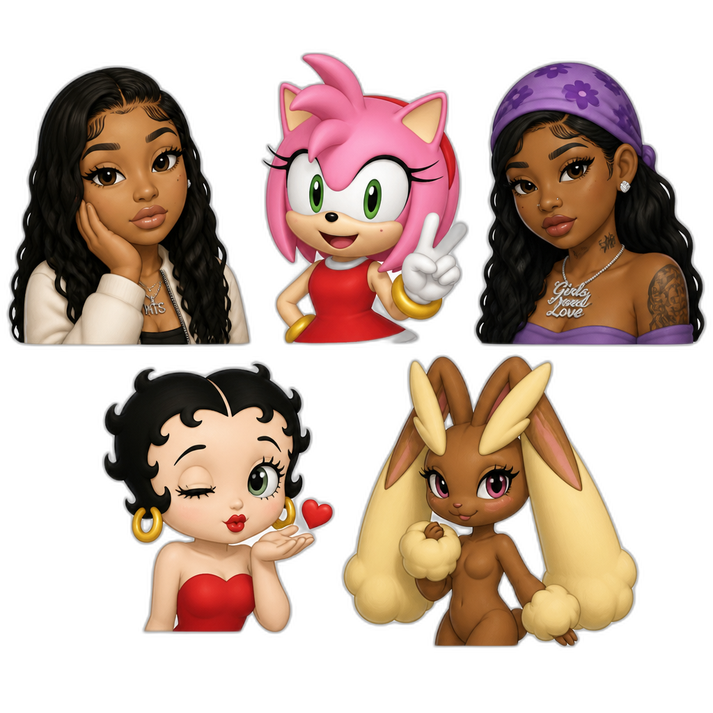 5 celebs/characters: Mariah The Scientist, Amy Rose, Summer Walker, Betty Boop, female Lopunny - AI generated emoji