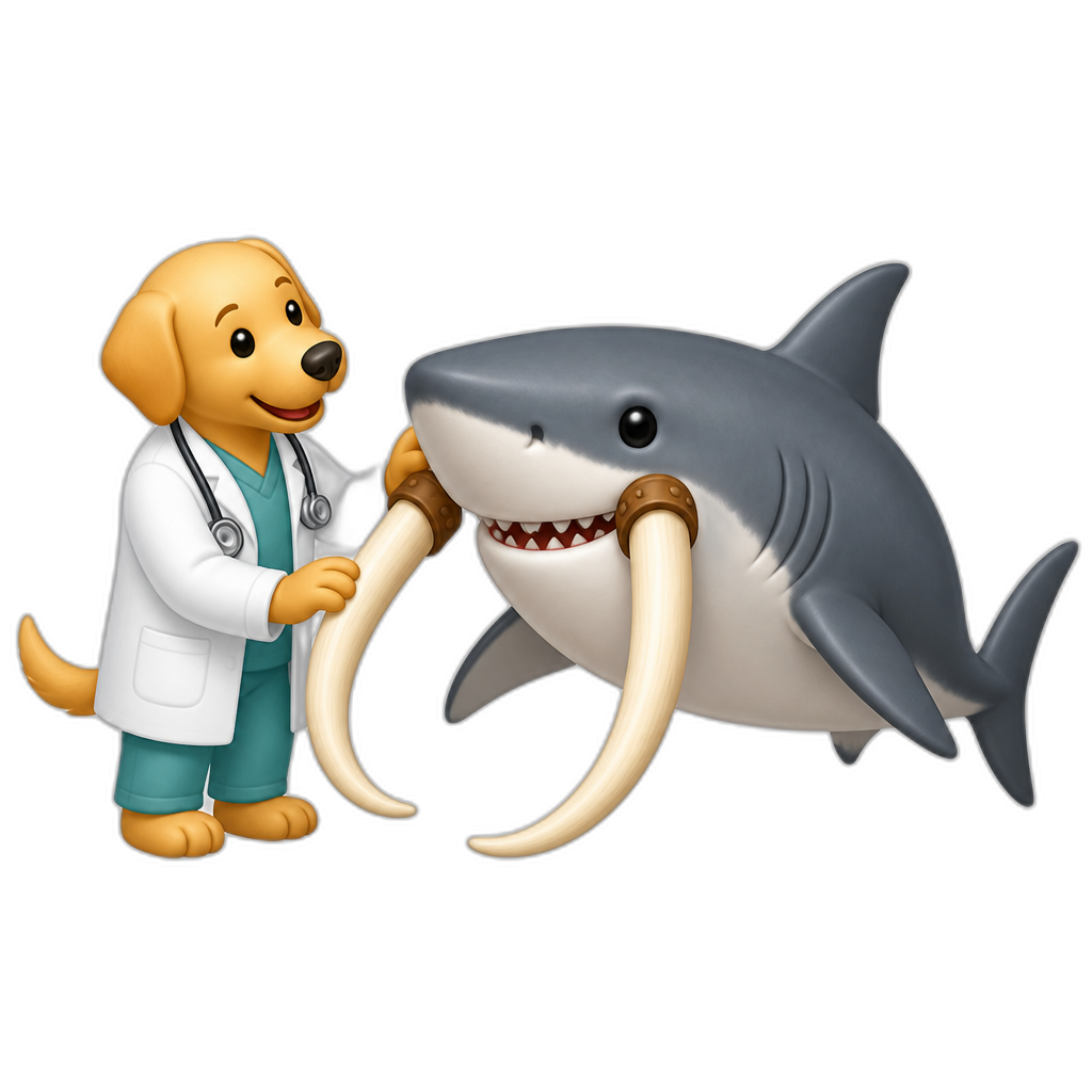 Animal doctor gives the great white shark mammoth tusks - AI generated emoji