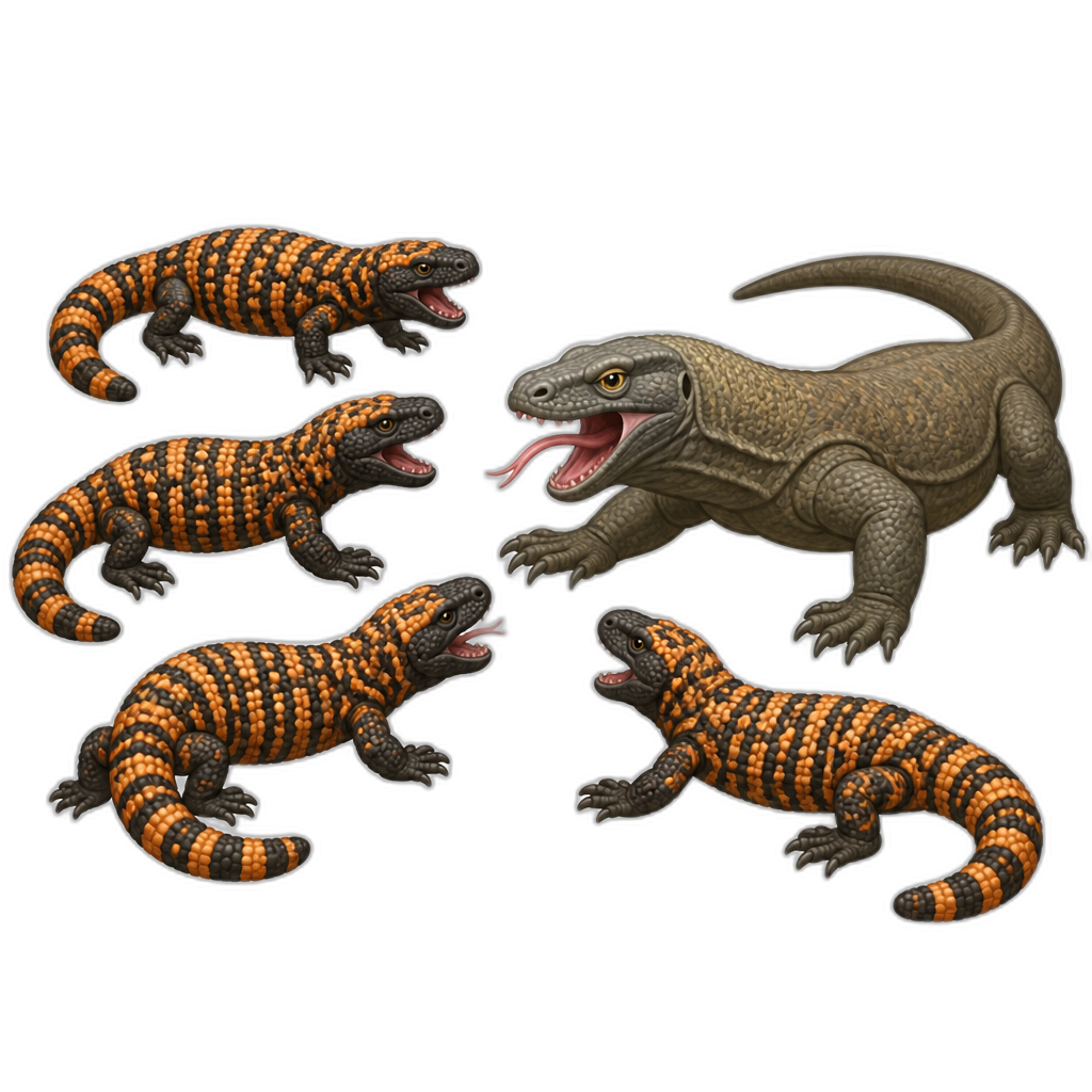 4 Gila monsters fighting komodo dragon - AI generated emoji