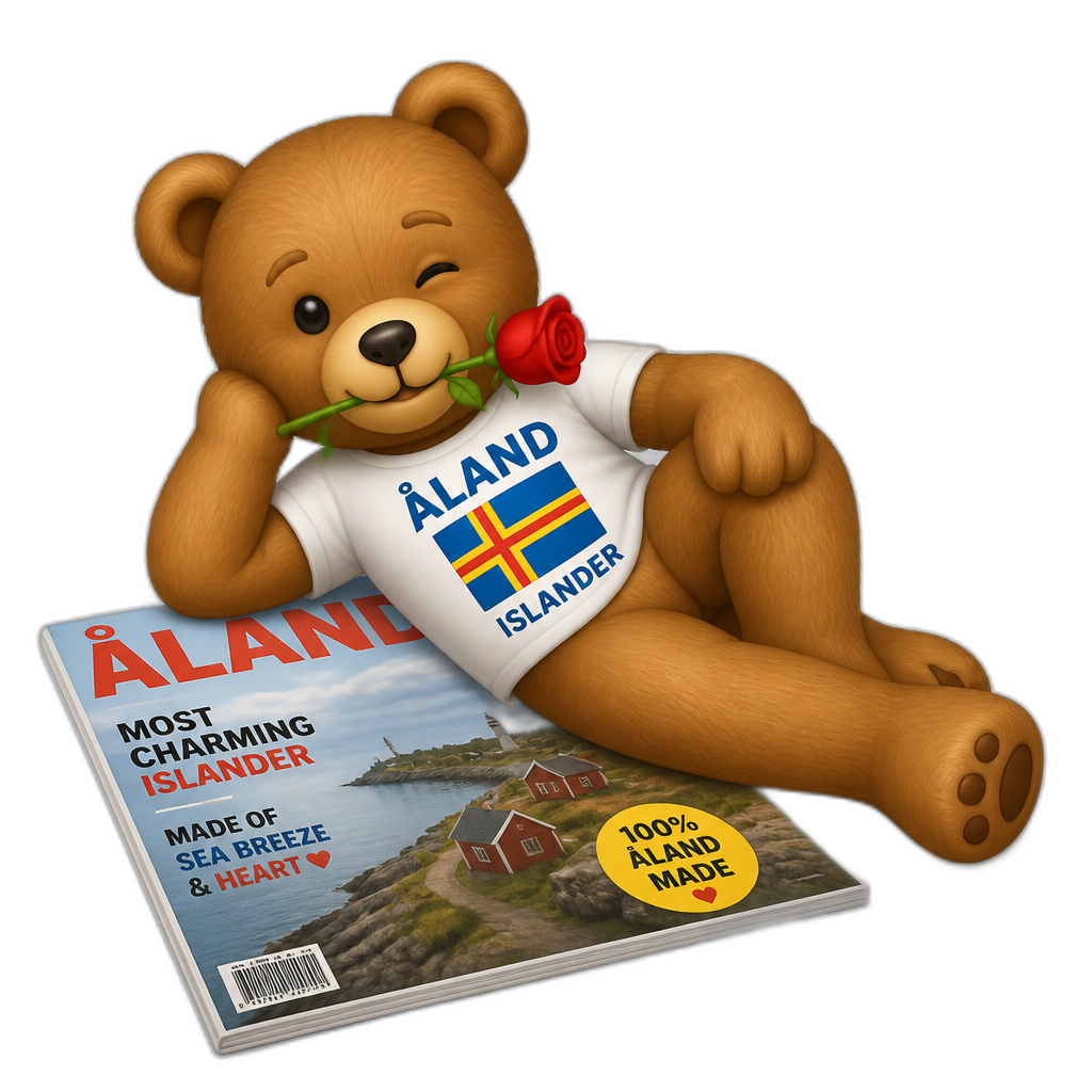 Create a Teddy bear who is a flirty Aland Islander on the magazine. any fur color - AI generated emoji