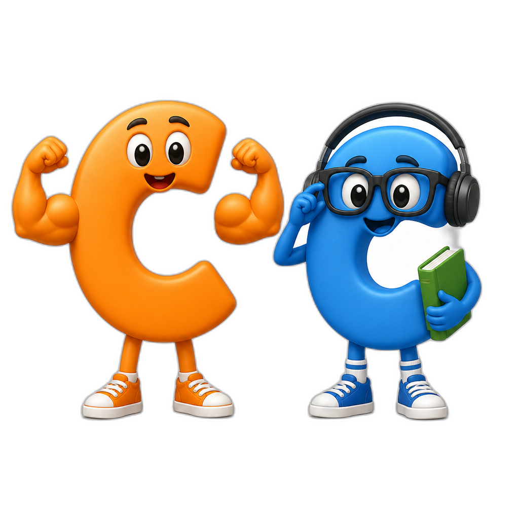 Create 2 "C" letters, Letters has legs and arms. First is orange and has muscle hands. Second is blue and looks like a nerd with glasses and headphonses - AI generated emoji