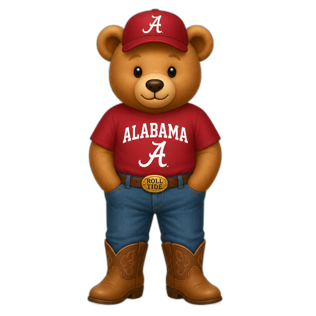 Create a standing Teddy bear who is a Alabamian. FULL body - AI generated emoji