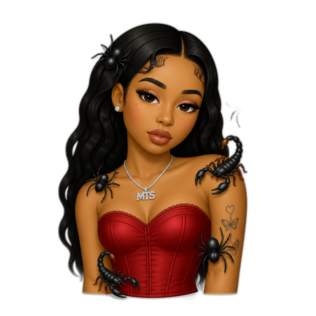 Mariah The Scientist, red strapless corset top, with spiders and scorpions - AI generated emoji