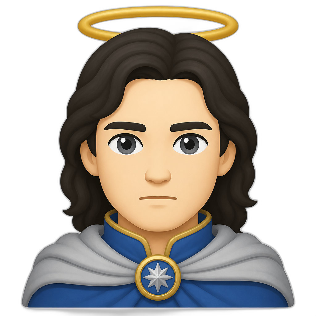 Mighty legendary Elf lord/lady (no specific gender) with halo over head, fair skin tone, dark hair, grey eyes, blue cloth, grey cape, brooch; serious expression. Closeup portrait. FLAT thick minimal style. No pointy ears, no gender. - AI generated emoji