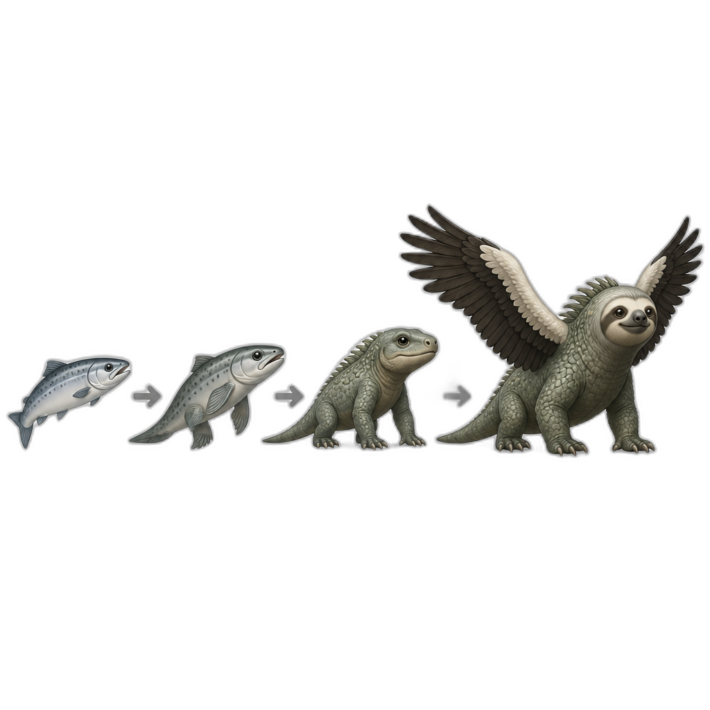 Salmon evolving into scaly mammal winged reptile "iguasloth condor" - AI generated emoji