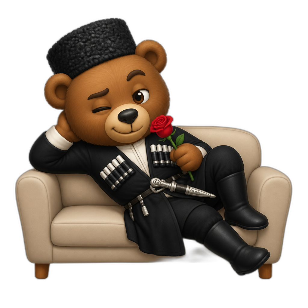 Create a Teddy bear who is a flirty mischievous Abkhazian on the couch. any fur color - AI generated emoji