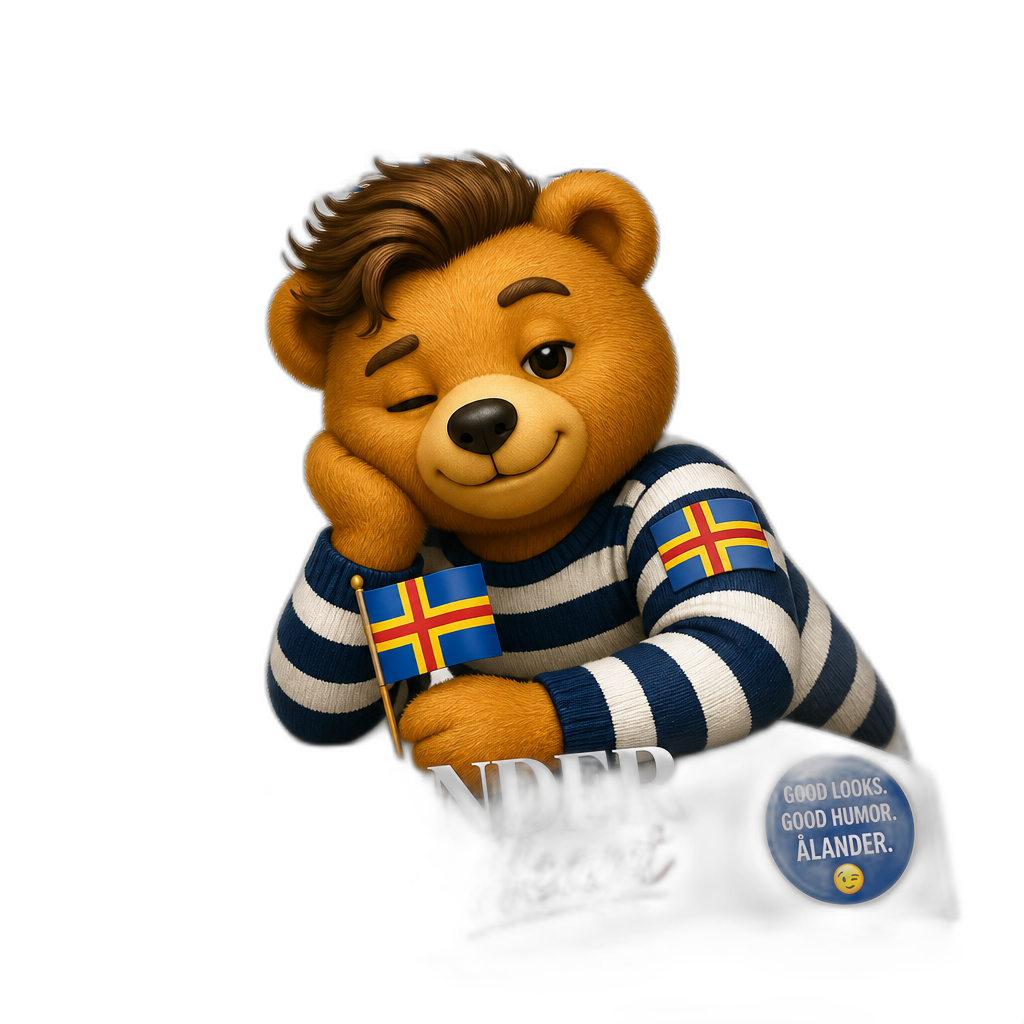 Create a Teddy bear who is a flirty Aland Islander on the magazine. any fur color and hairstyle - AI generated emoji