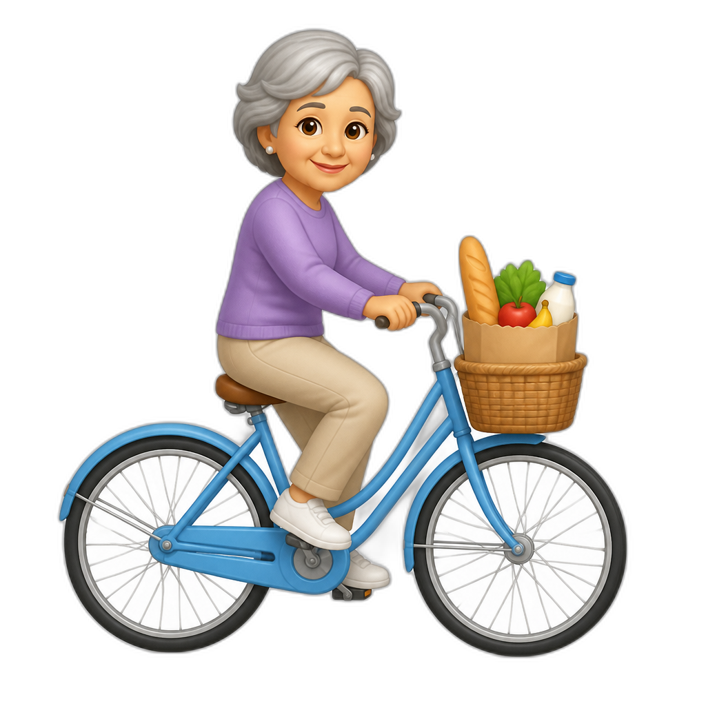 woman in her 60s riding a bicycle with a grocery bag in the basket - AI generated emoji