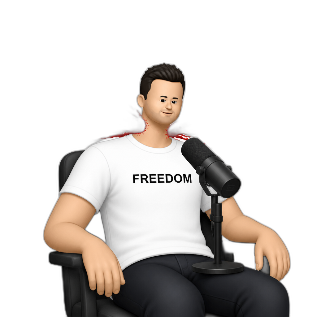 a white man with a porortionally small face and black short hair wearing a white t shirt with freedom written on it sitting on a chair with a microphone with a scarlet splash of paint from behind his neck - AI generated emoji