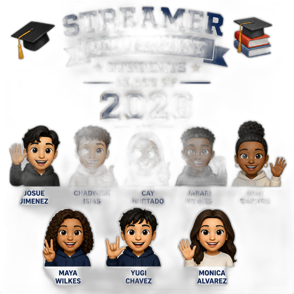 Streamer University Students Class Of 2026 Meet Josue Jimenez Chadwick Isias Cay Hurtado And Jabari Wilkes And Joan Clayton And Maya Wilkes And Yugi Chavez And Last One Monica Alvarez - AI generated emoji