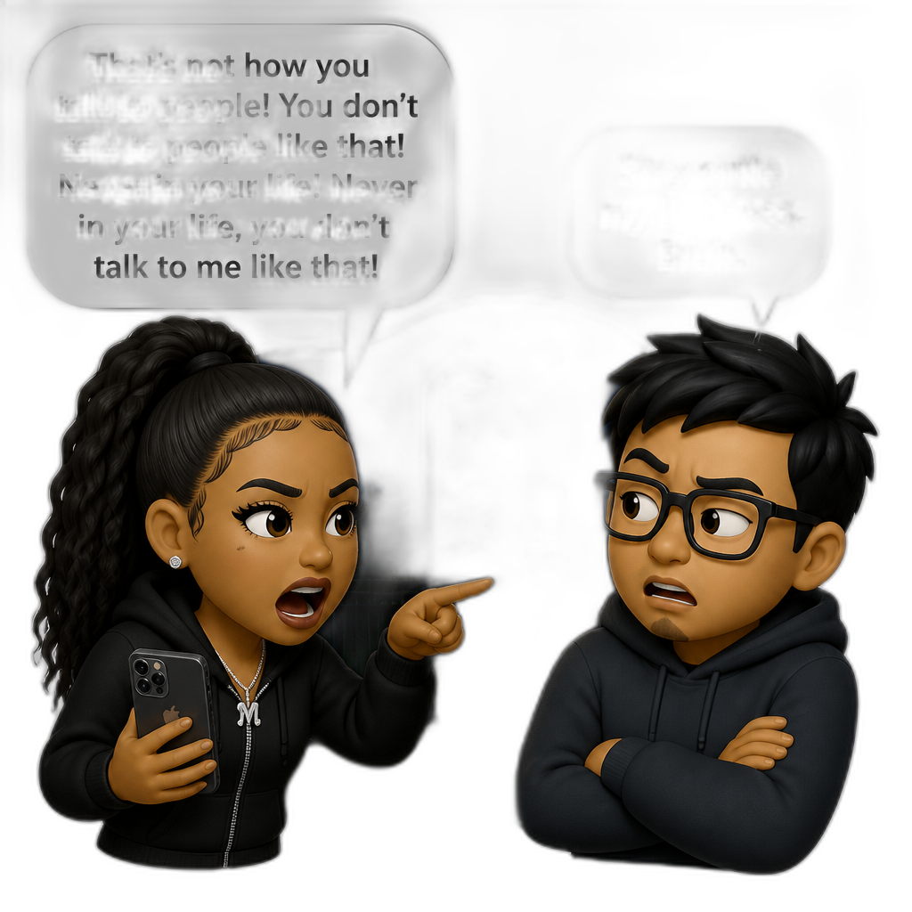 Mariah The Scientist says, "That's not how you talk to people! You don't talk to people like that! Never in your life! Never in your life, you don't talk to me like that!", while holding her smartphone, with her hair up in a ponytail, to a paranoid Filipino guy with glasses that then says, "Stay outta my business. Bruh.", with quotation bubbles, nightime outdoors - AI generated emoji