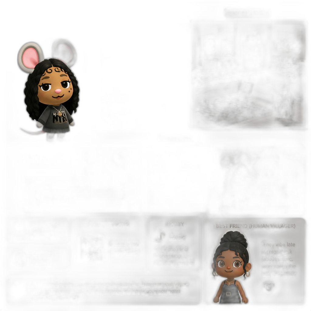 Mariah The Scientist as an Uchi Mouse Villager, her house, exterior and interior, gameplay footage, catchphrase as 'lab rat', human female villager hanging out with Mariah, birthday on October 27th, Scorpio, favorite song as Cruisin' KK, hobby as music - AI generated emoji