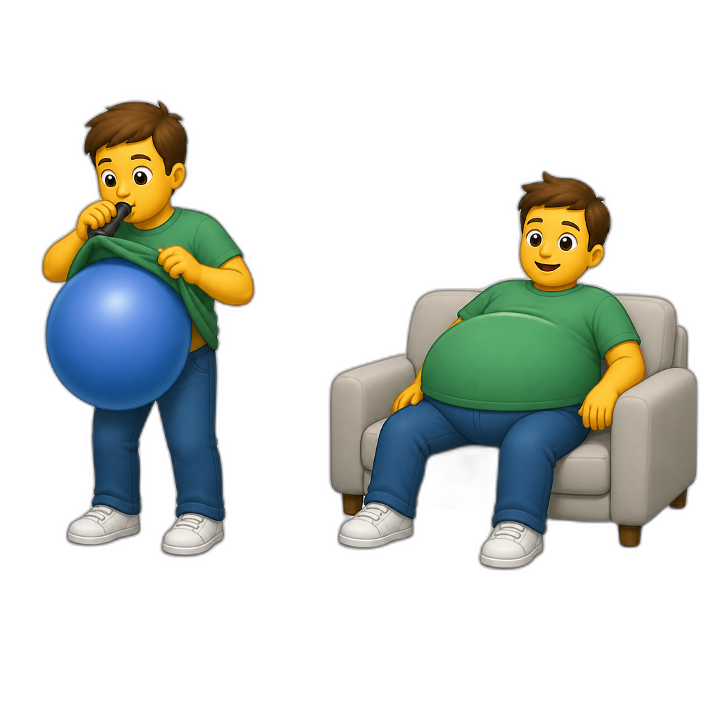 Person inflates a 8ft balloon under his shirt and then sits on the couch after blowing it up - AI generated emoji