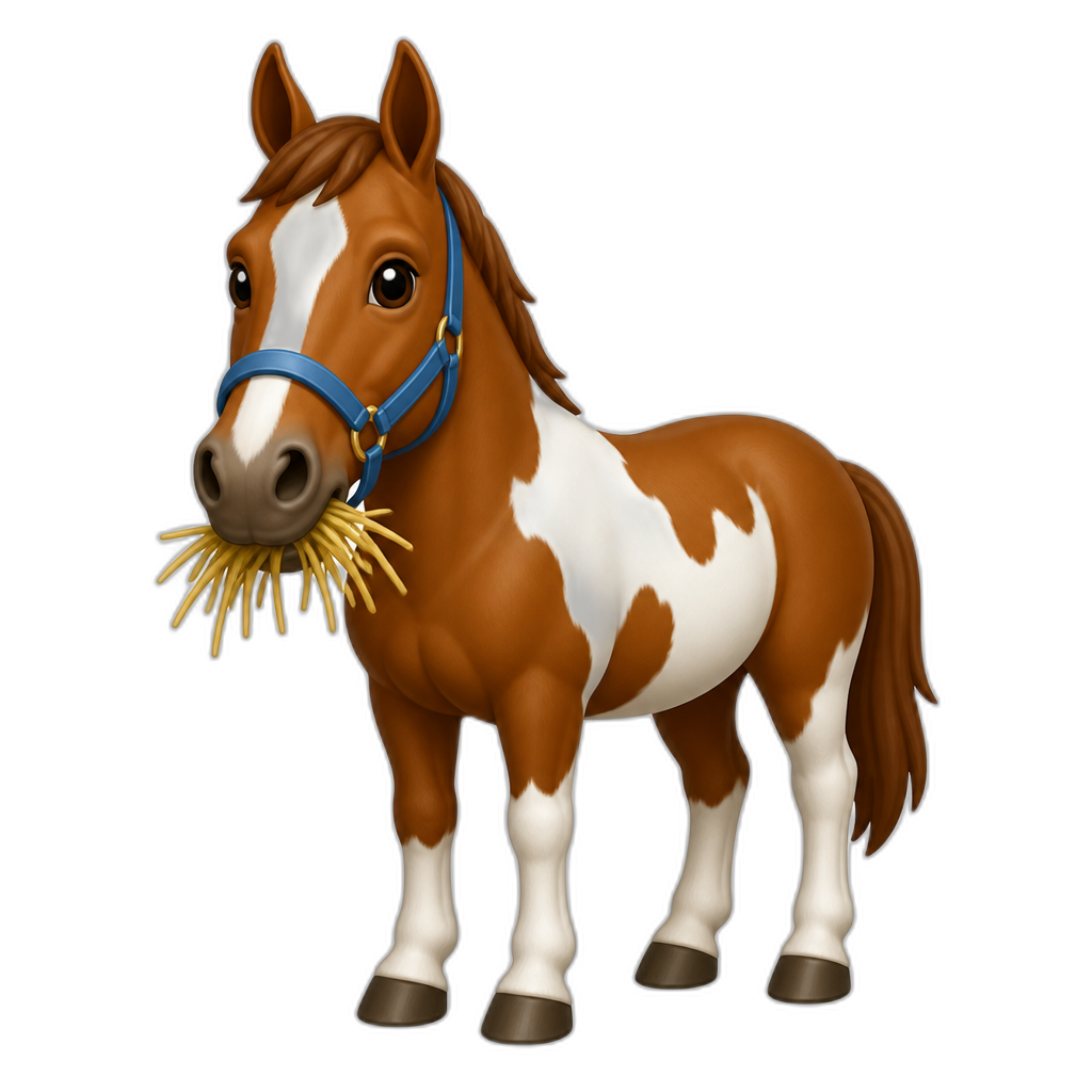brown horse with white patches in a blue halter munching having hay hanging out of his mouth, ears are pricked - AI generated emoji