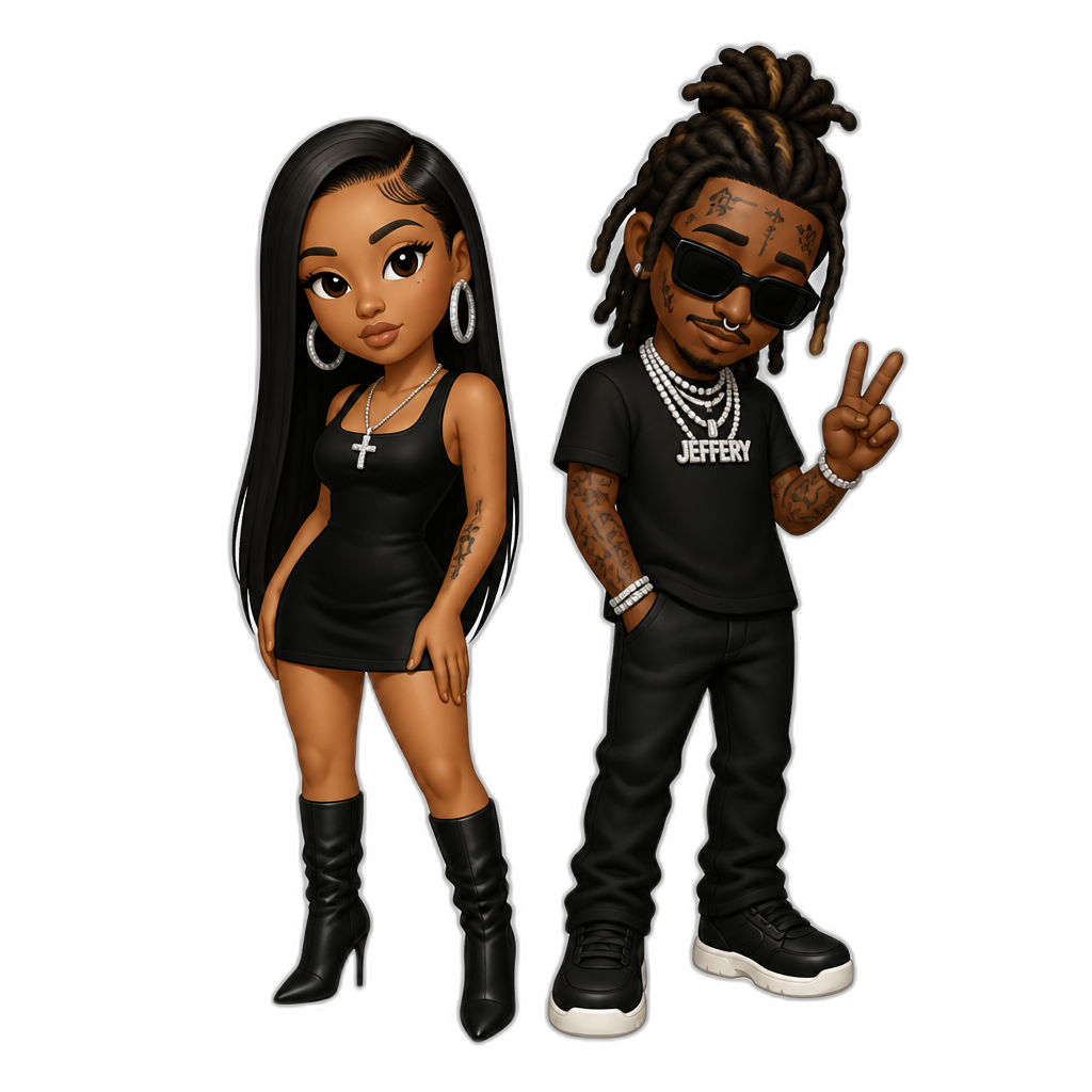 Mariah The Scientist (black sleeveless minidress, stiletto boots, hoop earrings and cross necklace, long straight hair) and Young Thug, FNF cartoon style - AI generated emoji