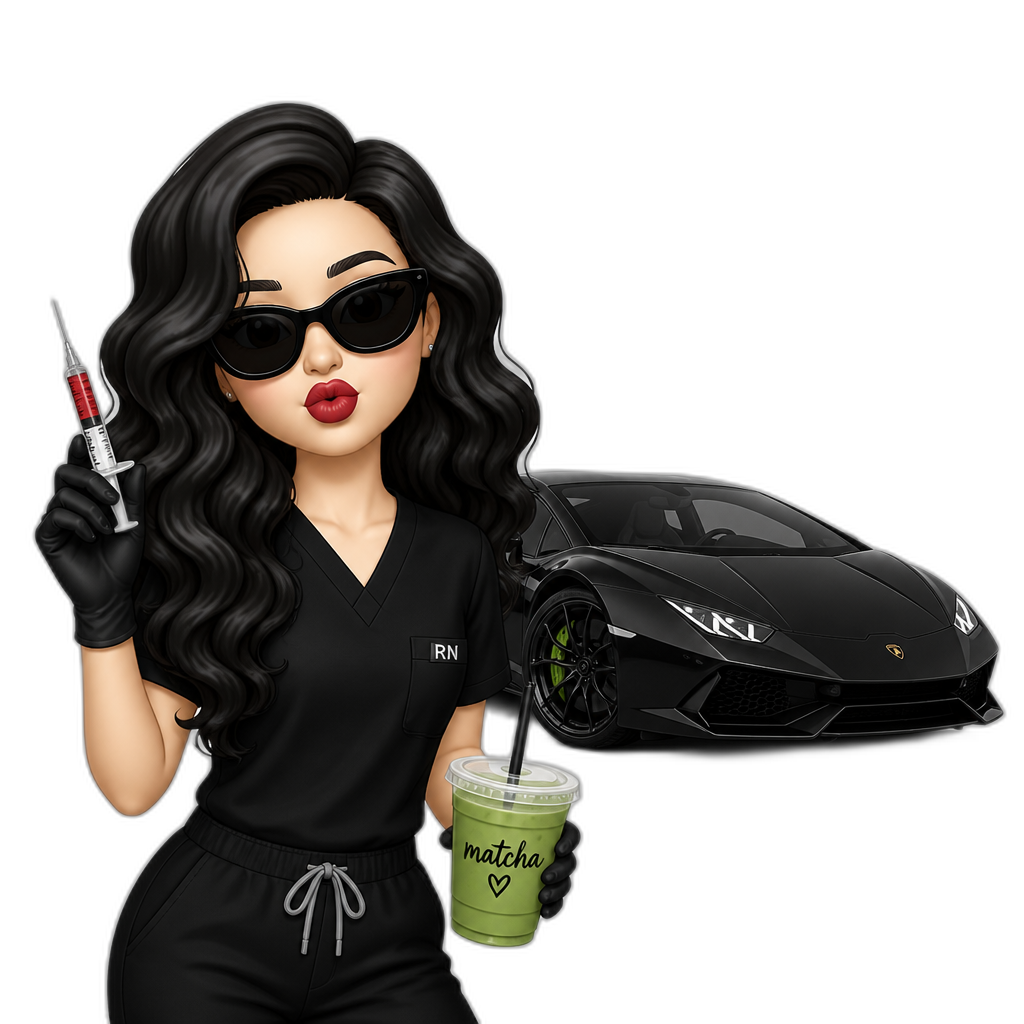 Girl in black scrubs pouting black curled wavy hair and black sunglasses holding an injection with red lipstick pale skin with a black lamborghini behind and a green matcha written Gia with a heart - AI generated emoji