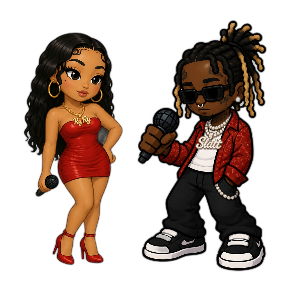 Mariah The Scientist (red strapless minidress, red stilettos, hoop earrings, Ry Ry necklace) and Young Thug, Friday Night Funkin style - AI generated emoji