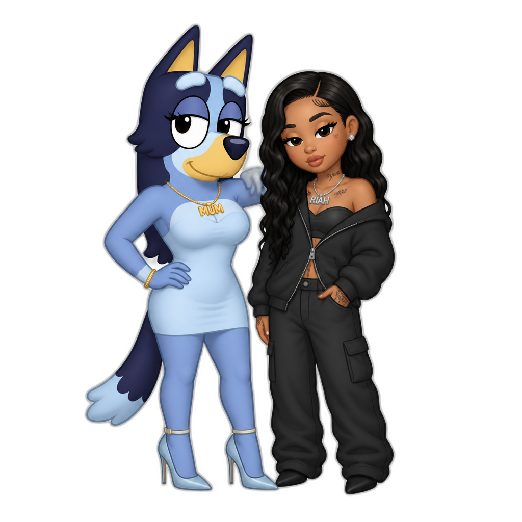 Bluey grown up with Mariah The Scientist, Bluey is female, stilettos - AI generated emoji