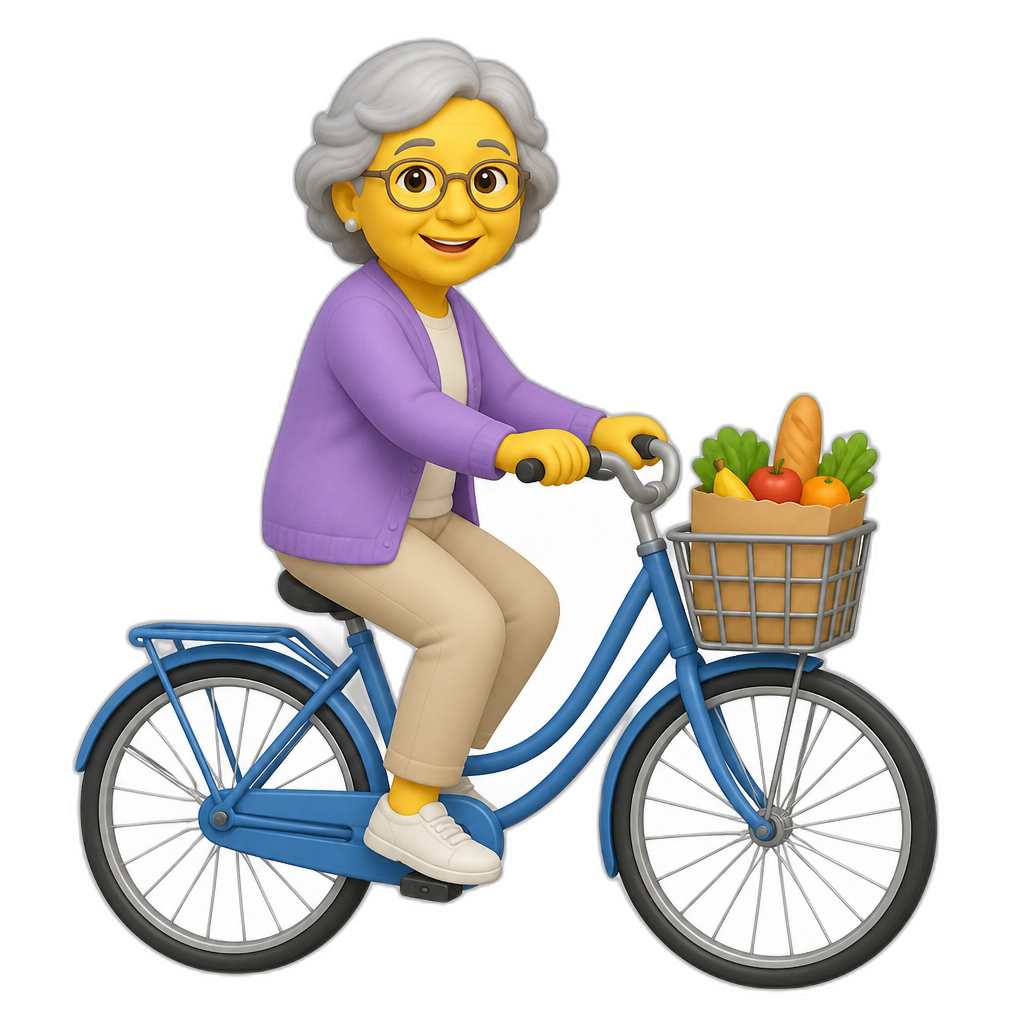 yellow skin emoji woman in her 60s riding a bicycle with a grocery bag inside the bicycle's basket - AI generated emoji