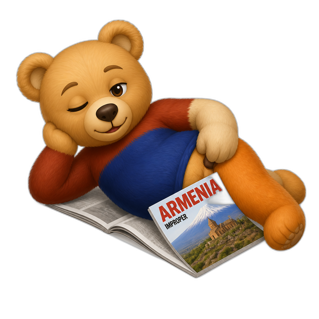 Create a Teddy bear who is a flirty armenia improper on the magazine. different fur color - AI generated emoji