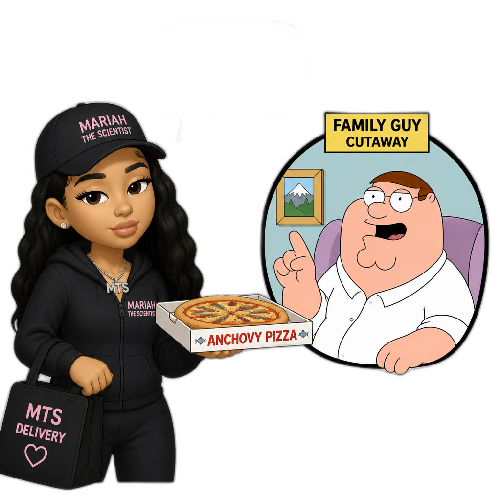 Mariah The Scientist doing a pizza delivery, saying "Did somebody order anchovy pizza?", Family Guy cutaway, Peter Griffin - AI generated emoji