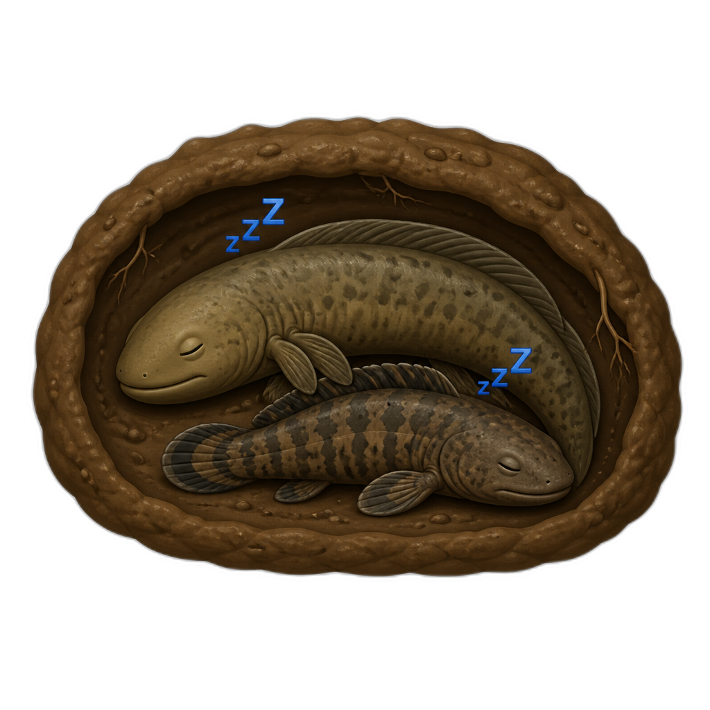 Lung fish sleeping in mud cocoon with Brazilian wolf fish sleeping underground with him waiting for water - AI generated emoji