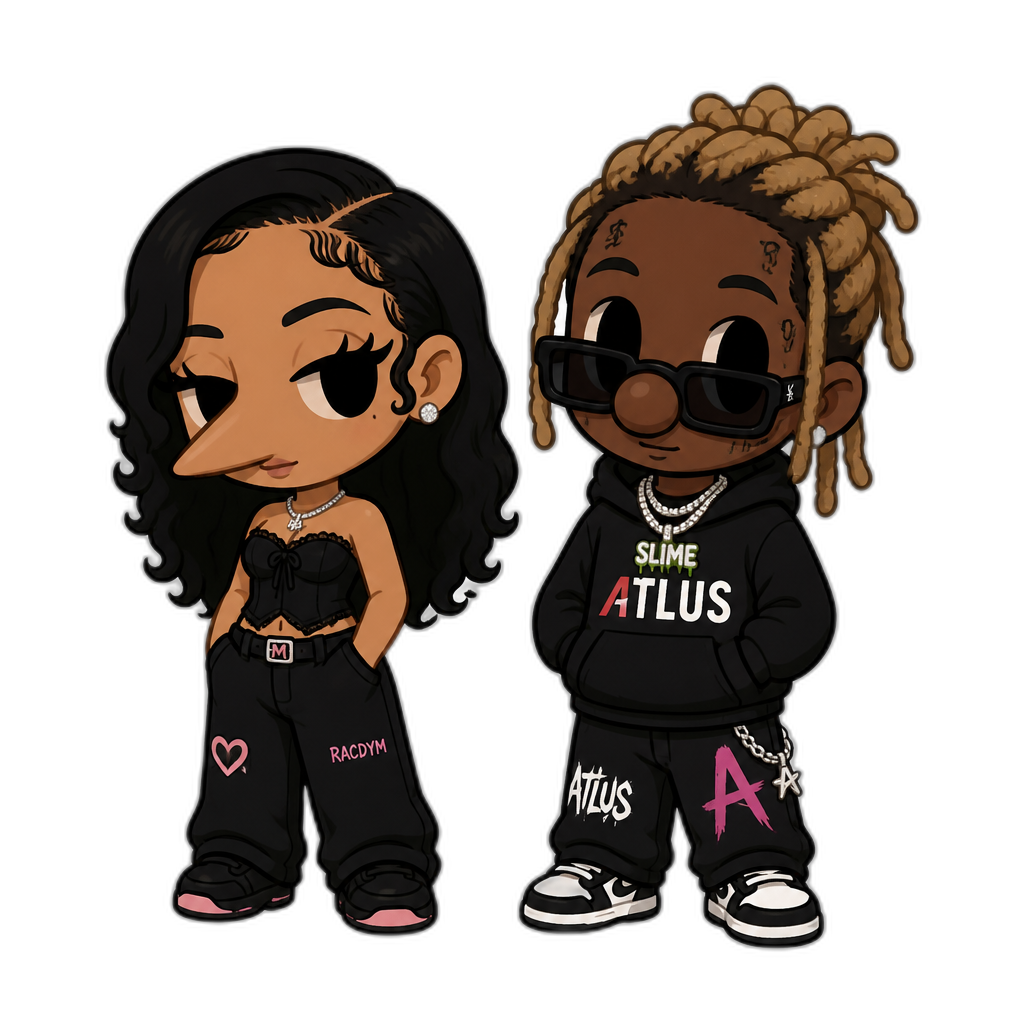 Mariah The Scientist and Young Thug, Snobow Kids art style, Mariah with a big pointy nose, Young Thug with a big round nose, chibi bodies, 2D style, Atlus, Racdym - AI generated emoji