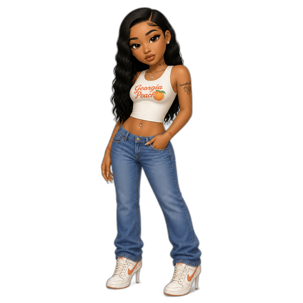 Mariah The Scientist in a Georgia Peach sleeveless crop top and blue jeans, with high heeled sneakers - AI generated emoji